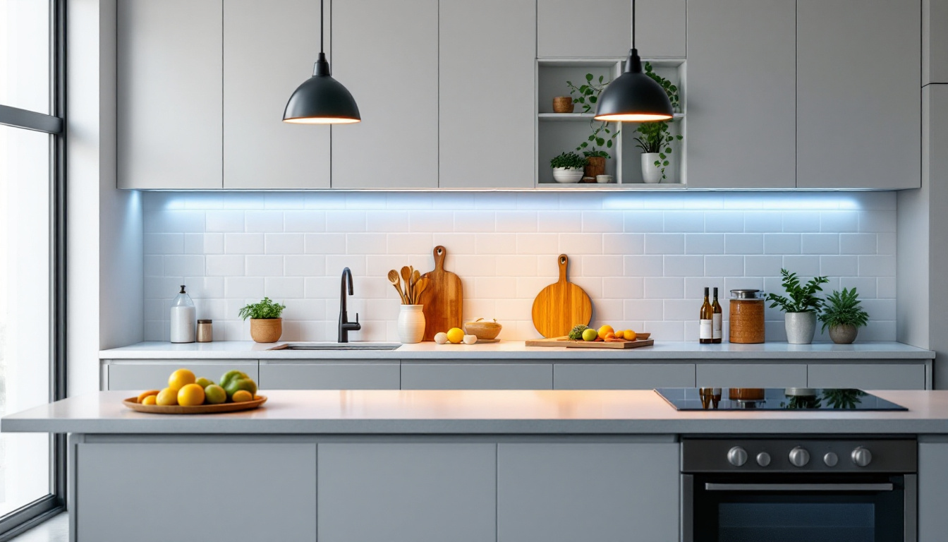 A photograph of a beautifully designed kitchen featuring stylish under cabinet lighting that highlights the countertops and creates a warm