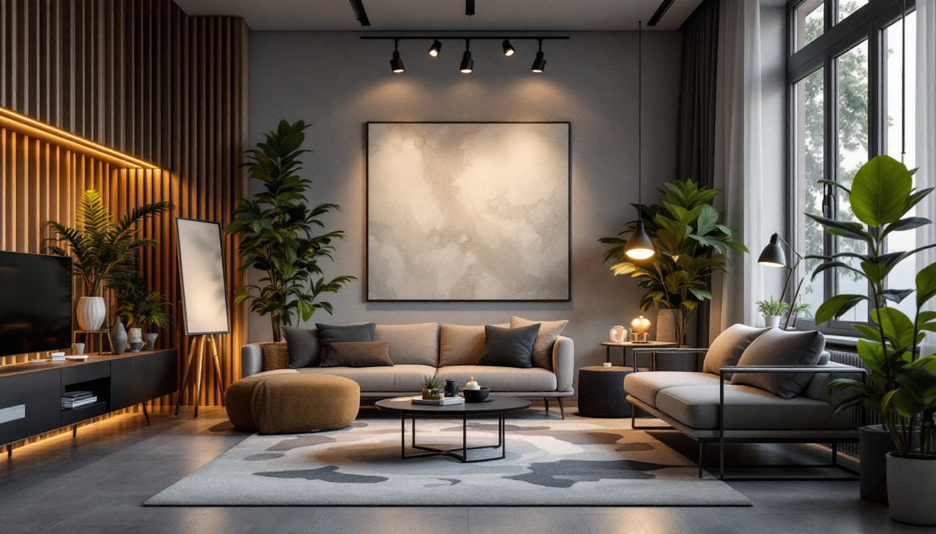 A photograph of a stylishly designed room showcasing various track lighting fixtures in action