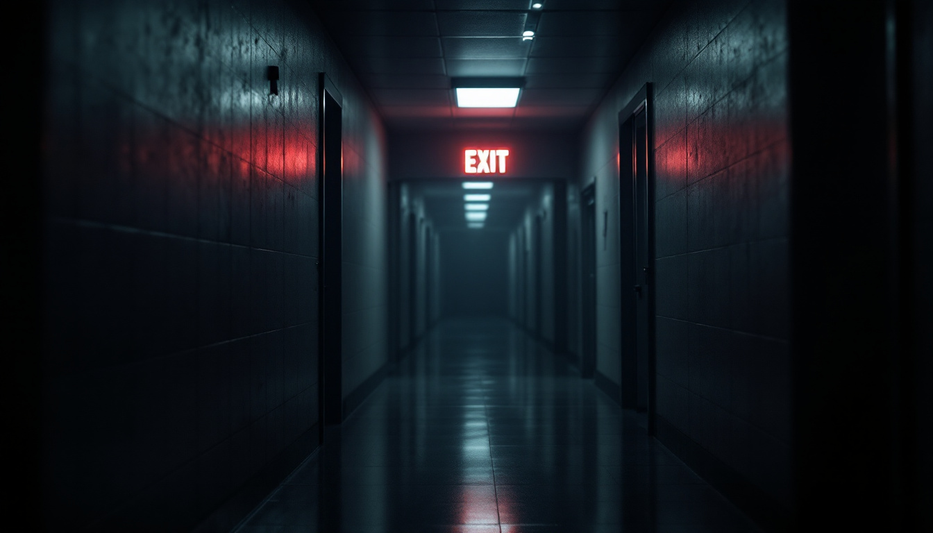 A photograph of a dimly lit emergency exit sign glowing brightly in a darkened corridor