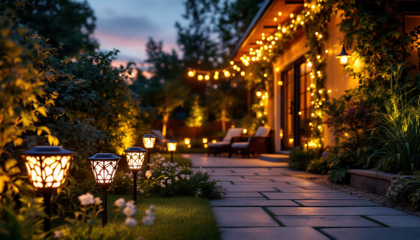 A photograph of a beautifully illuminated outdoor space featuring various solar lights in use during twilight