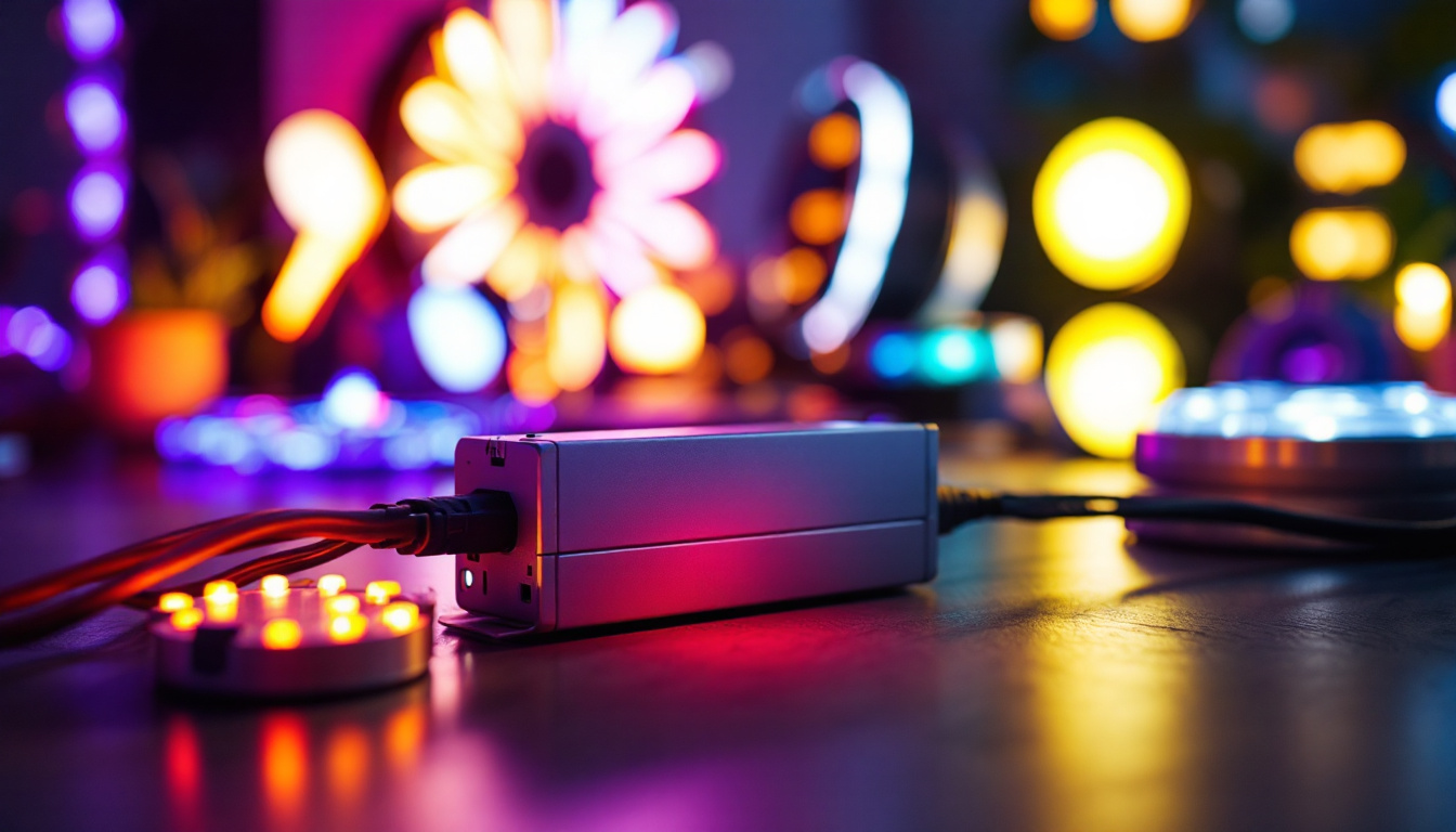 A photograph of a close-up shot of a modern led driver alongside a variety of led lights in a well-lit environment