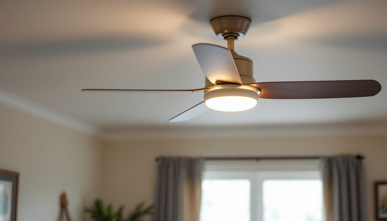 A photograph of a stylish ceiling fan with an integrated light fixture