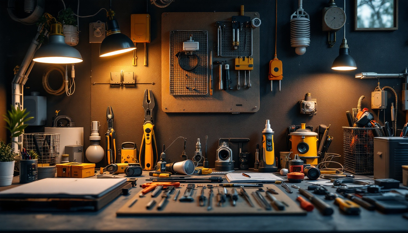 A photograph of a well-organized workspace featuring a variety of electrical tools and lighting fixtures