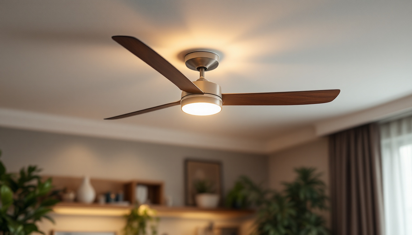 A photograph of a stylish ceiling fan with an integrated light fixture