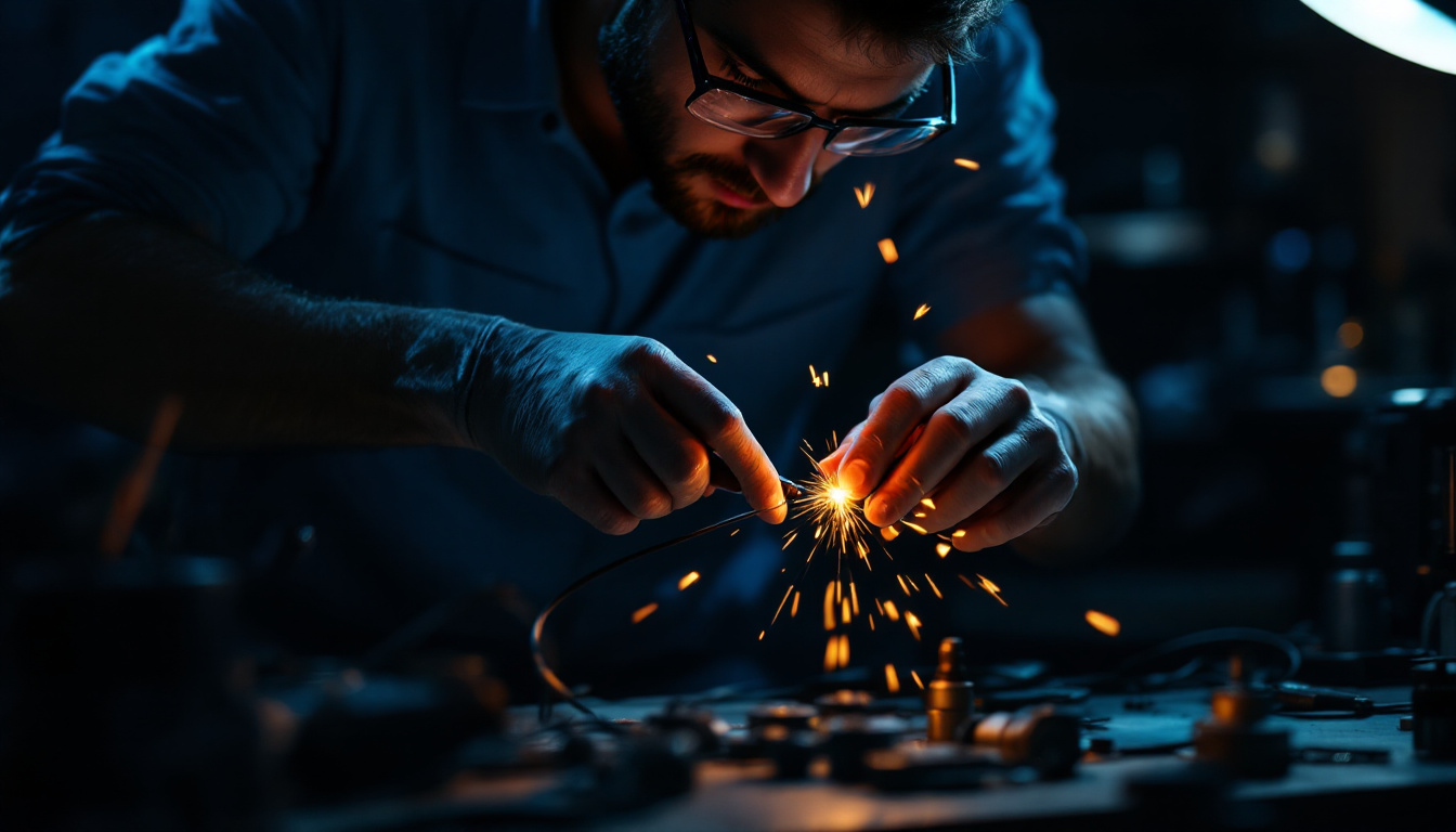 A photograph of a skilled technician demonstrating the wire pulling process in a dimly lit environment