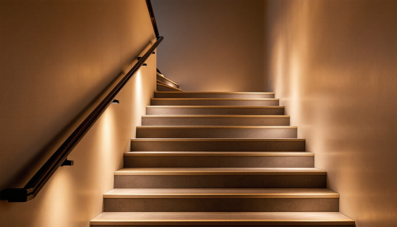 A photograph of a beautifully lit staircase featuring stylish stair lights that highlight the steps and create an inviting ambiance