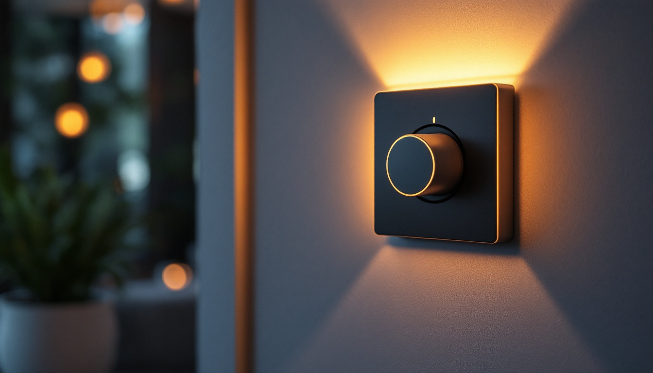 A photograph of a stylish dimmer light switch in an aesthetically pleasing interior setting