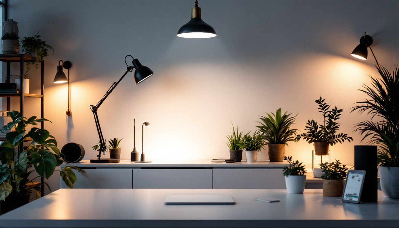 A photograph of a beautifully lit workspace that showcases various types of lighting fixtures