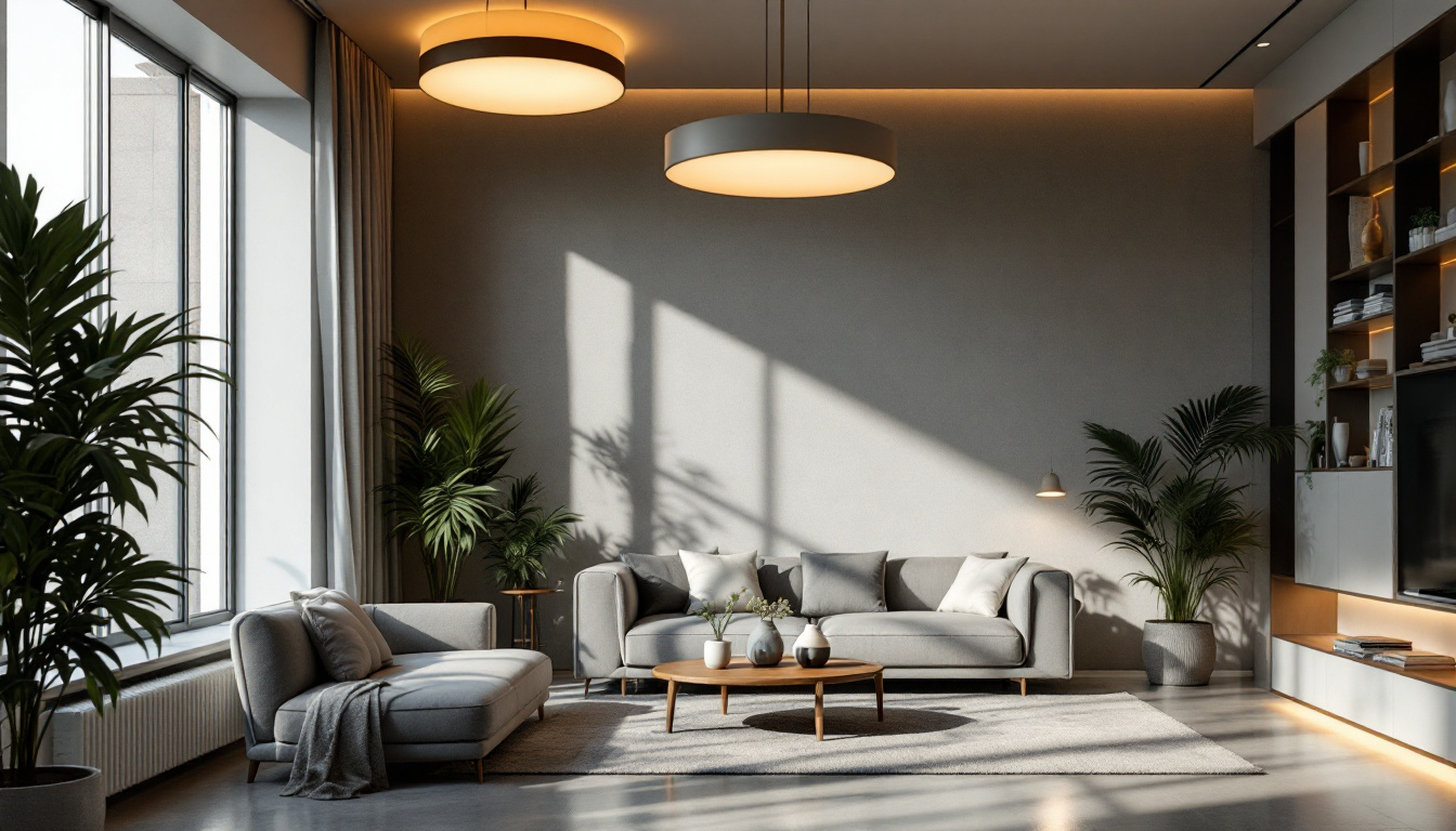 A photograph of a stylishly designed room featuring various flush mount lighting fixtures