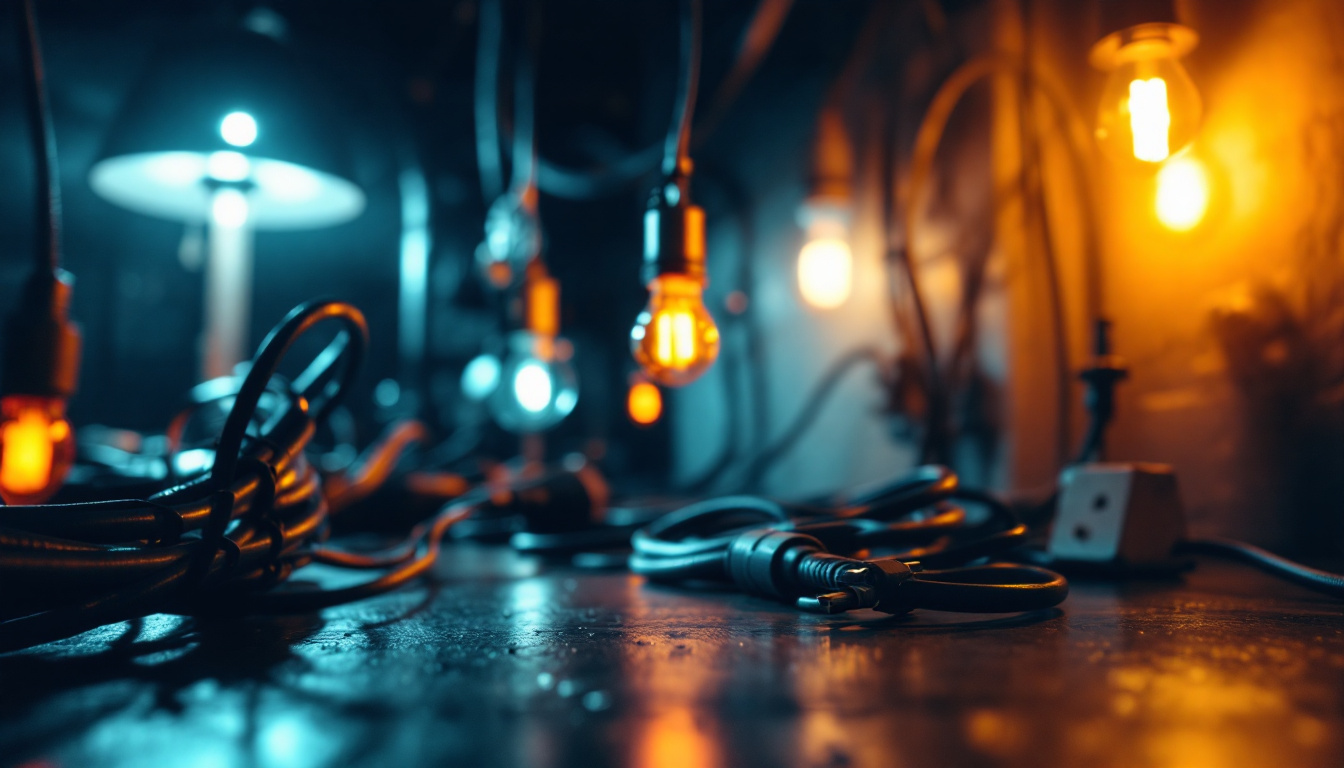 A photograph of a well-lit scene showcasing various types of power cables and lighting fixtures