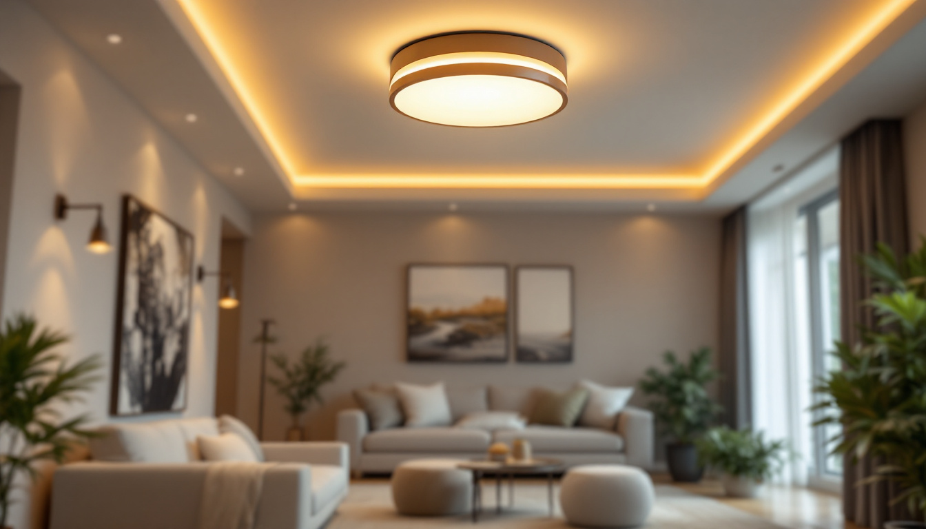 A photograph of a stylish flush mount ceiling light installed in a well-decorated room