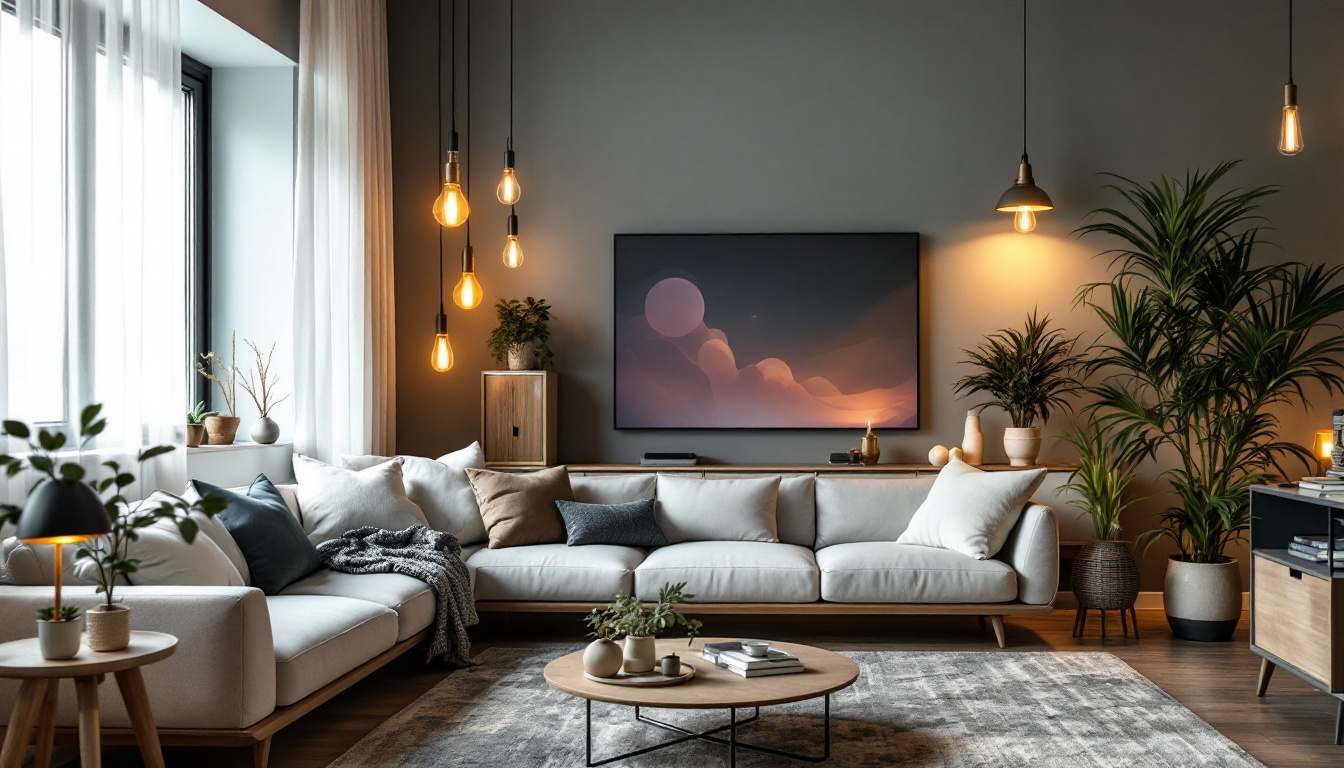 A photograph of a beautifully styled living room featuring a variety of light fixtures