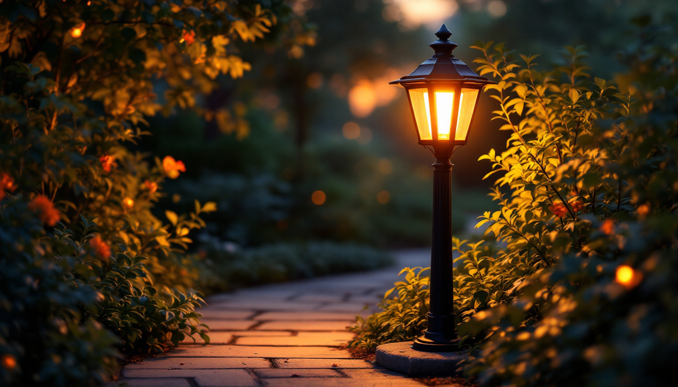 A photograph of a beautifully illuminated outdoor lamp in a serene garden setting during twilight