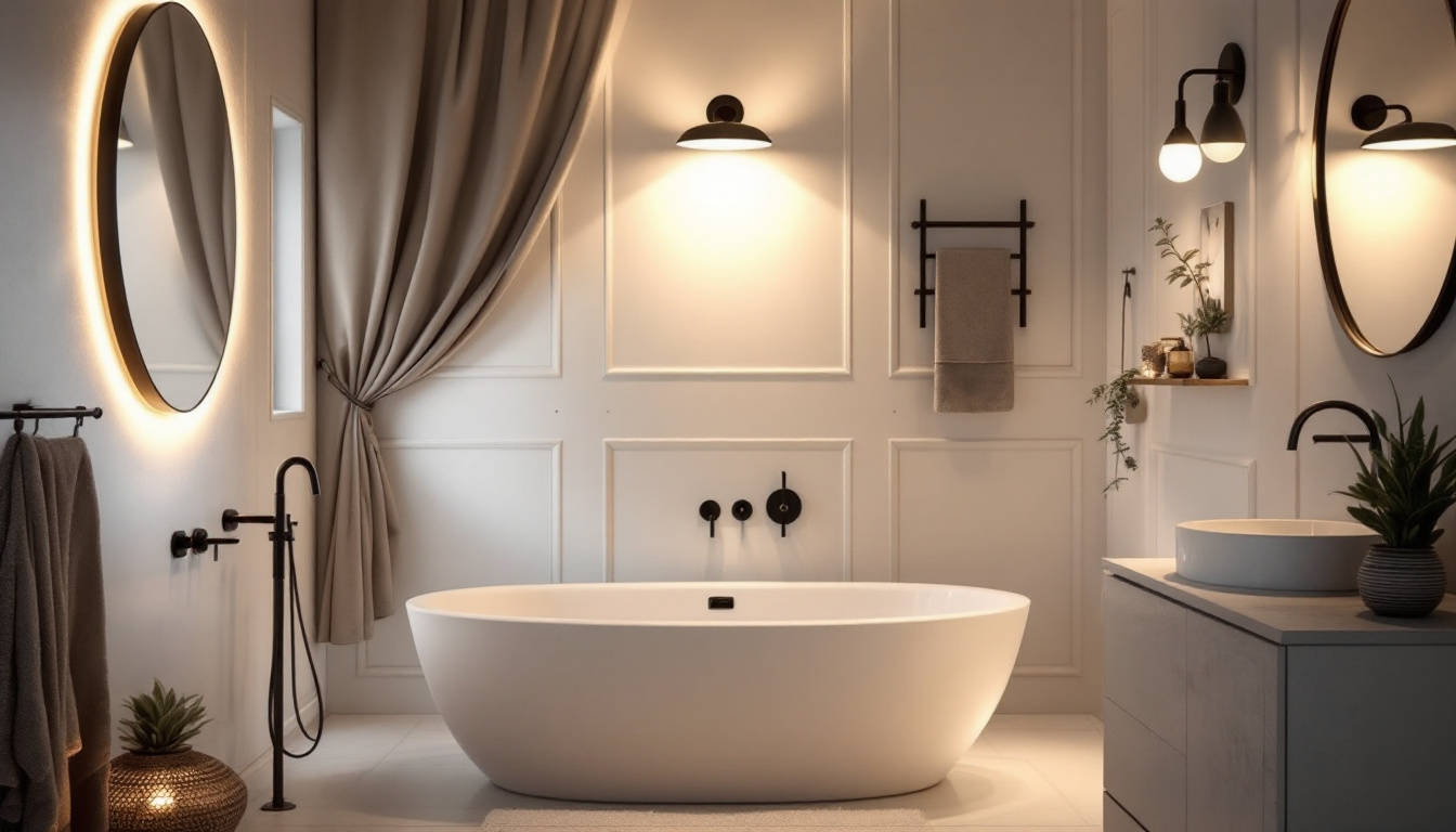 A photograph of a beautifully designed bathroom featuring a variety of stylish bath lights