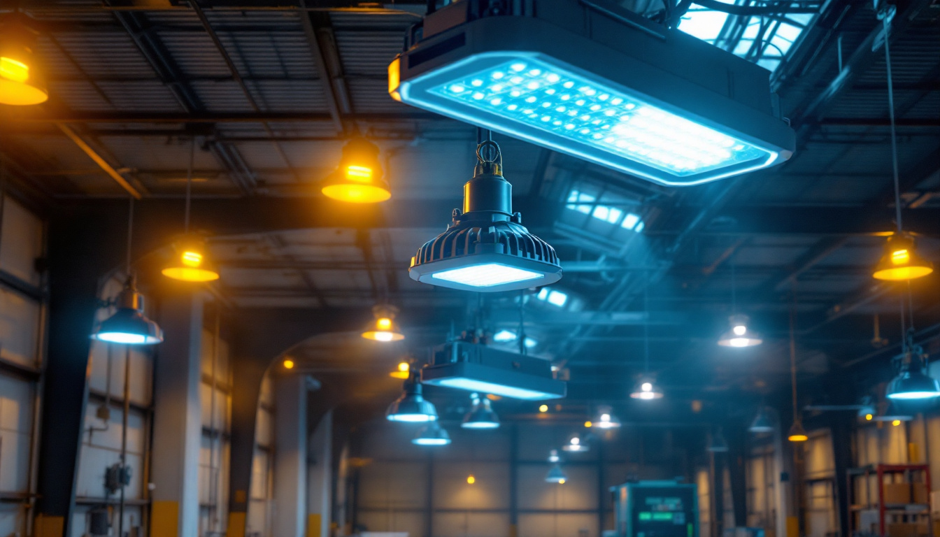 A photograph of a well-lit industrial or commercial space featuring led high bay lights in action