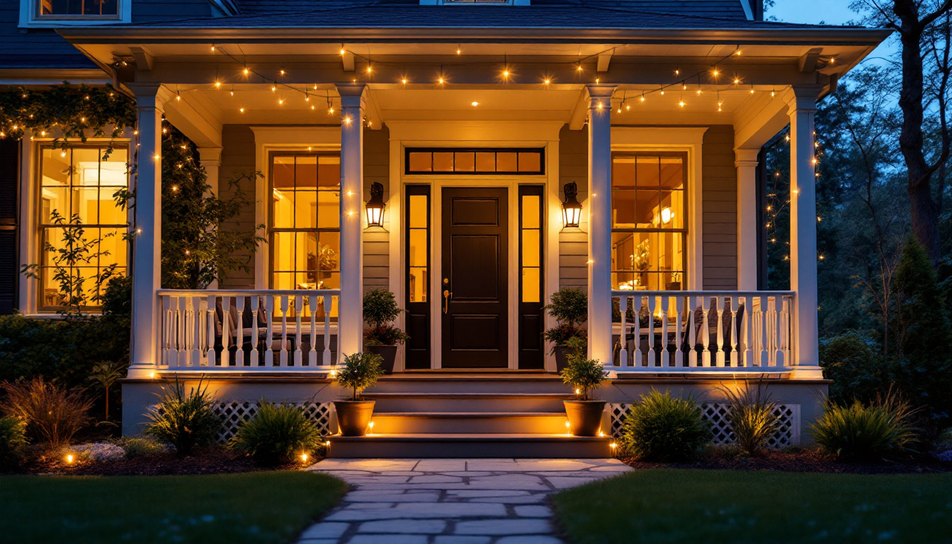 A photograph of a beautifully illuminated exterior porch featuring stylish porch lights
