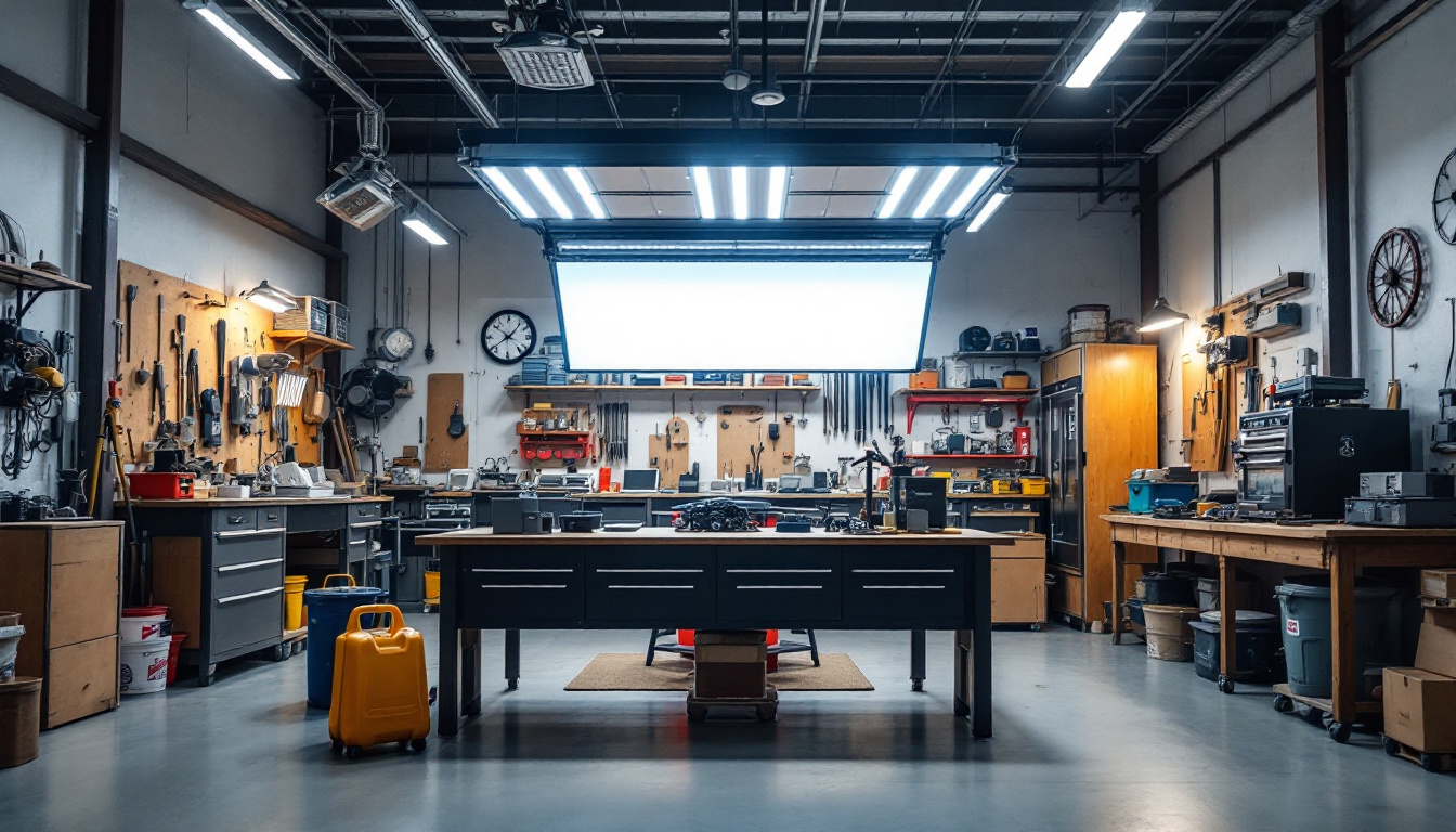 A photograph of a well-lit workshop or garage showcasing 8ft led shop lights in action