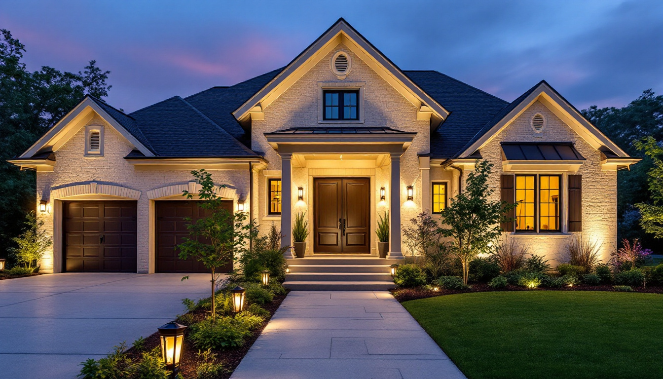 A photograph of a beautifully illuminated home exterior at dusk