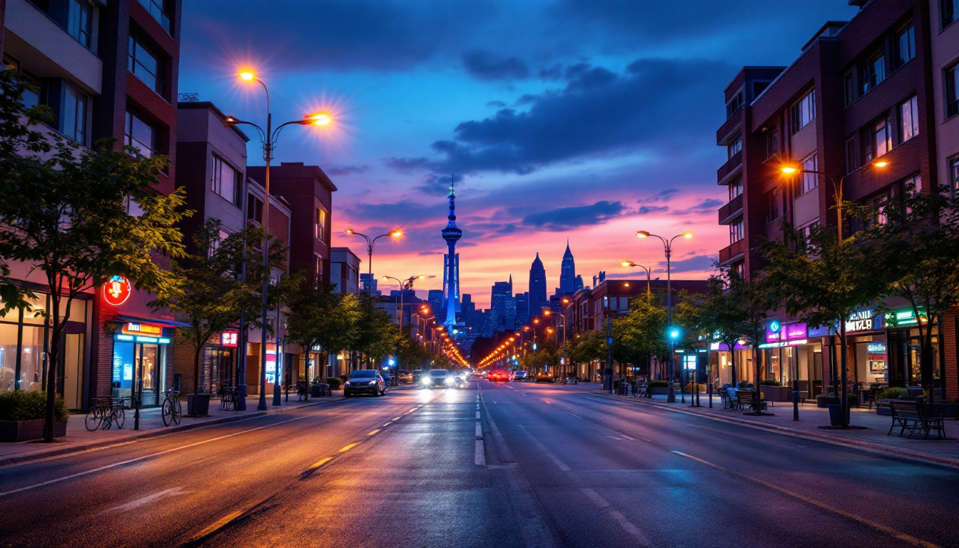A photograph of a vibrant urban scene illuminated by metal halide lights at dusk