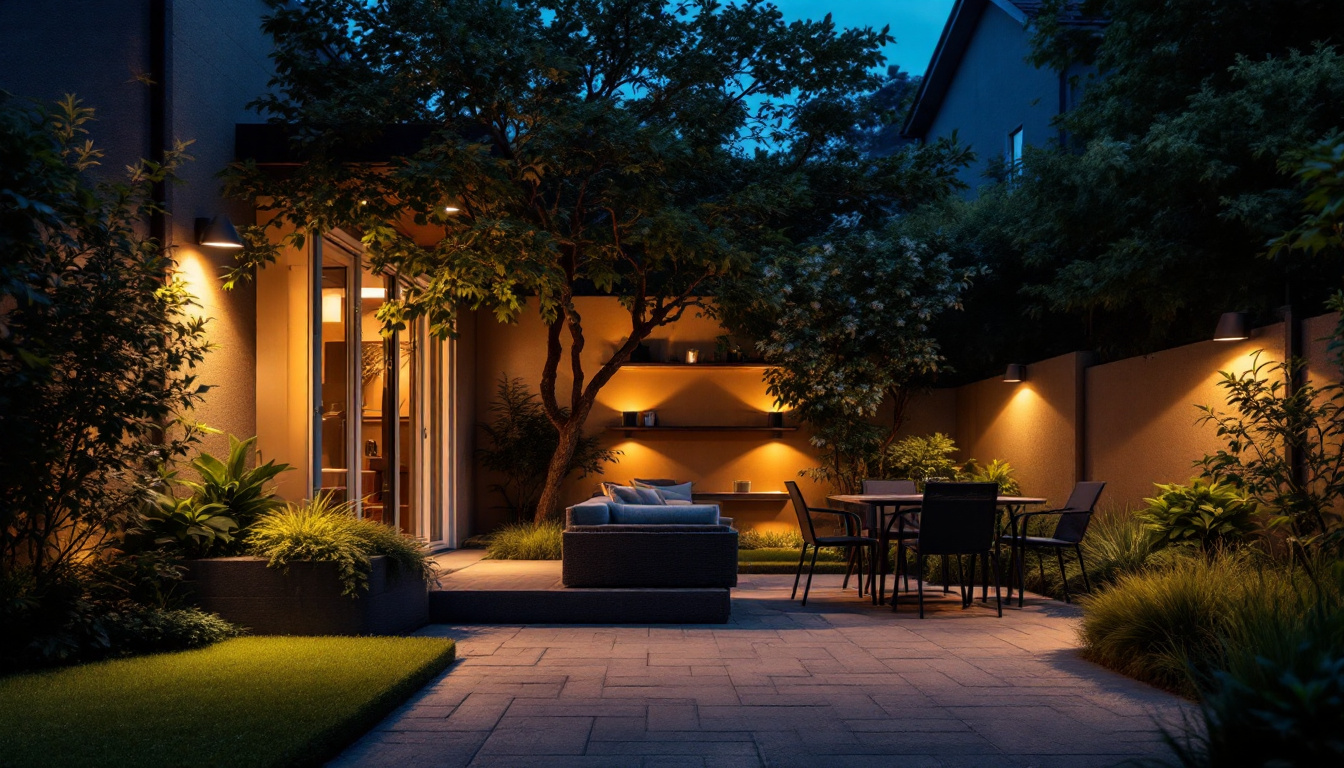 A photograph of capture a photograph of an outdoor flood light illuminating a garden or patio area at dusk