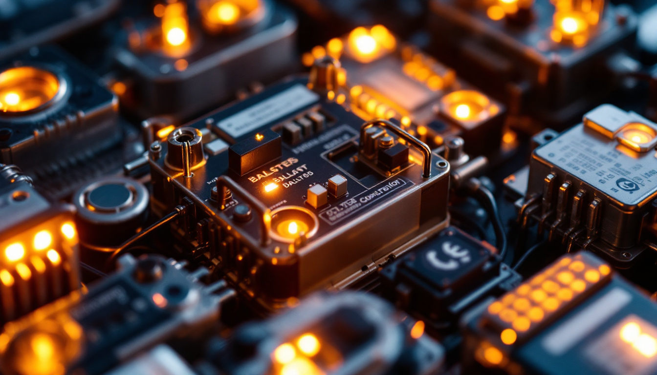 A photograph of a close-up of various types of ballasts used in lighting systems