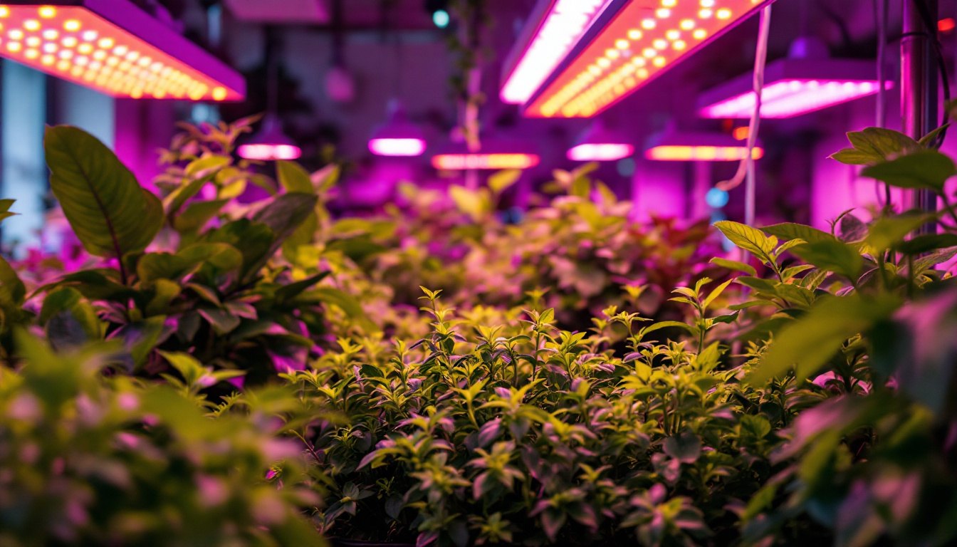 A photograph of a vibrant indoor garden illuminated by various types of grow lights