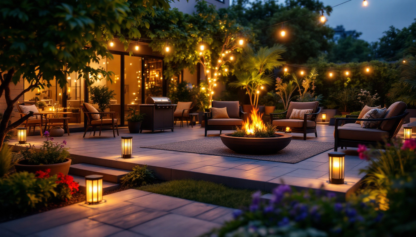 A photograph of a beautifully lit outdoor patio scene at dusk