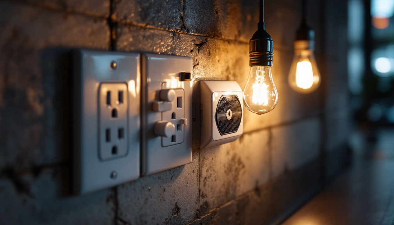 A photograph of a close-up of various types of electric outlets in a well-lit environment