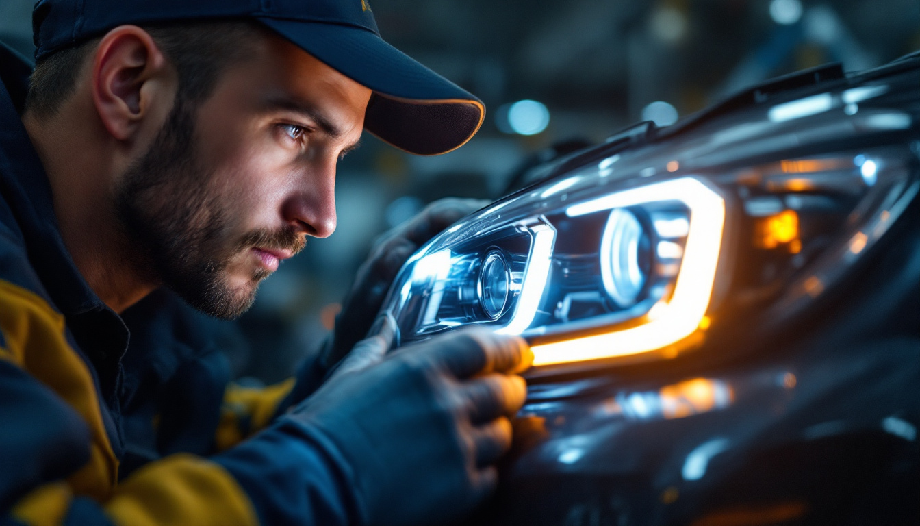 A photograph of a mechanic or automotive technician skillfully inspecting or installing high-intensity discharge headlights in a vehicle