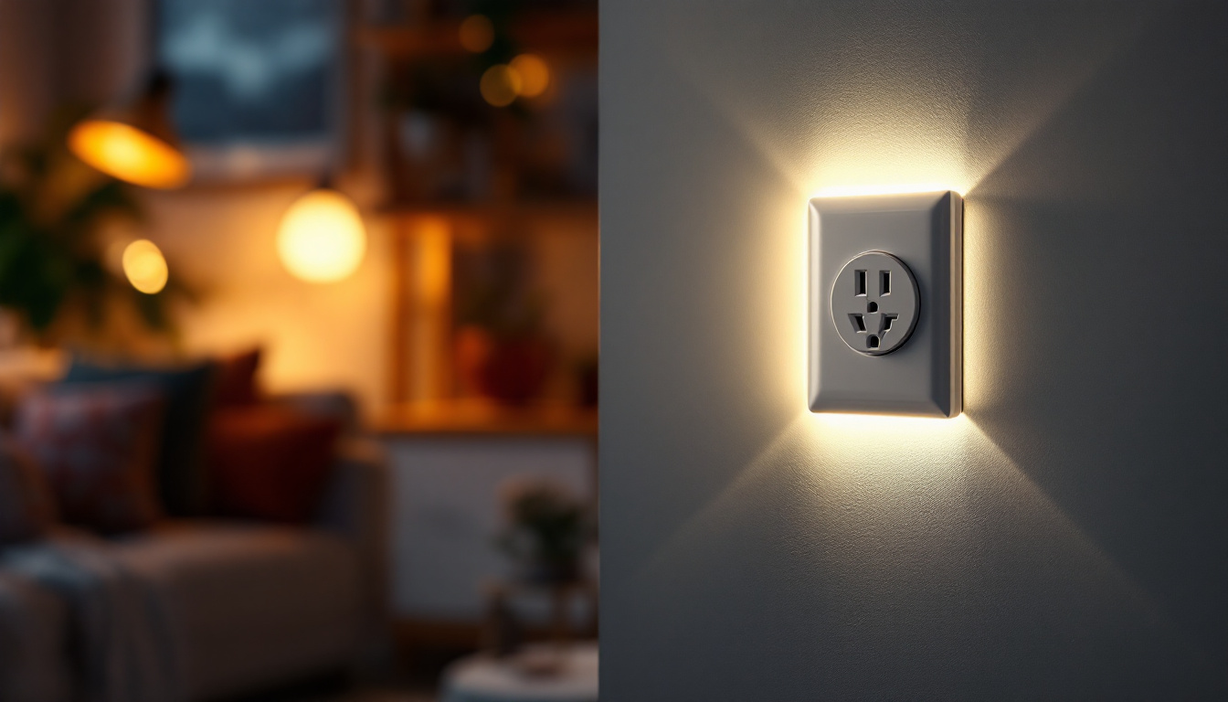 A photograph of a stylish wall plug illuminated by warm