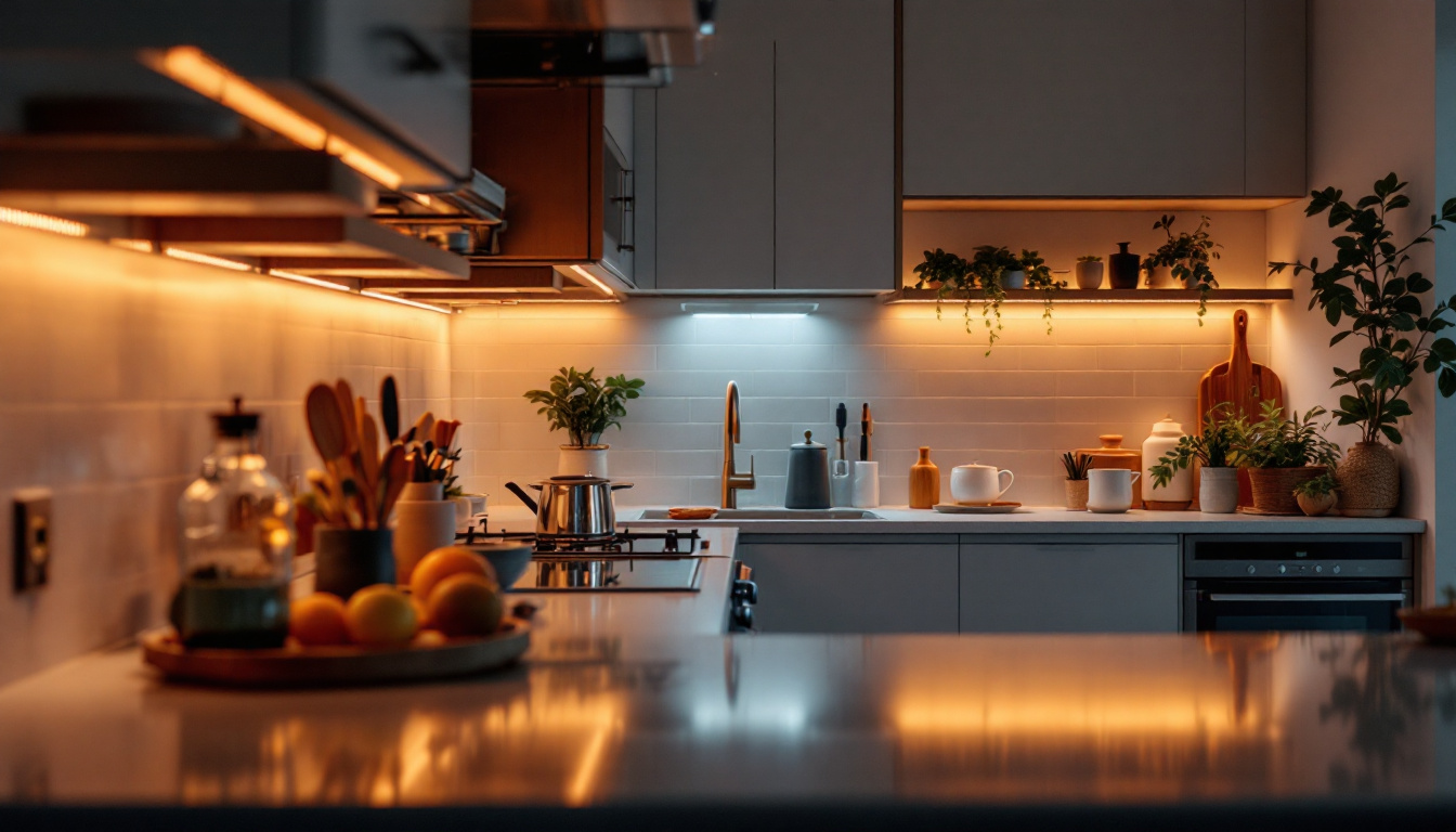 A photograph of a beautifully lit kitchen with stylish under cabinet lighting illuminating the countertops