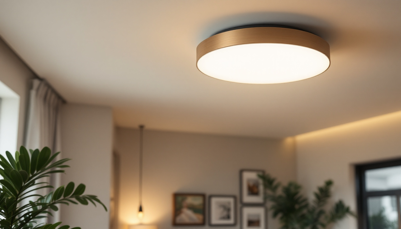 A photograph of a stylish flush ceiling light fixture in a well-lit room