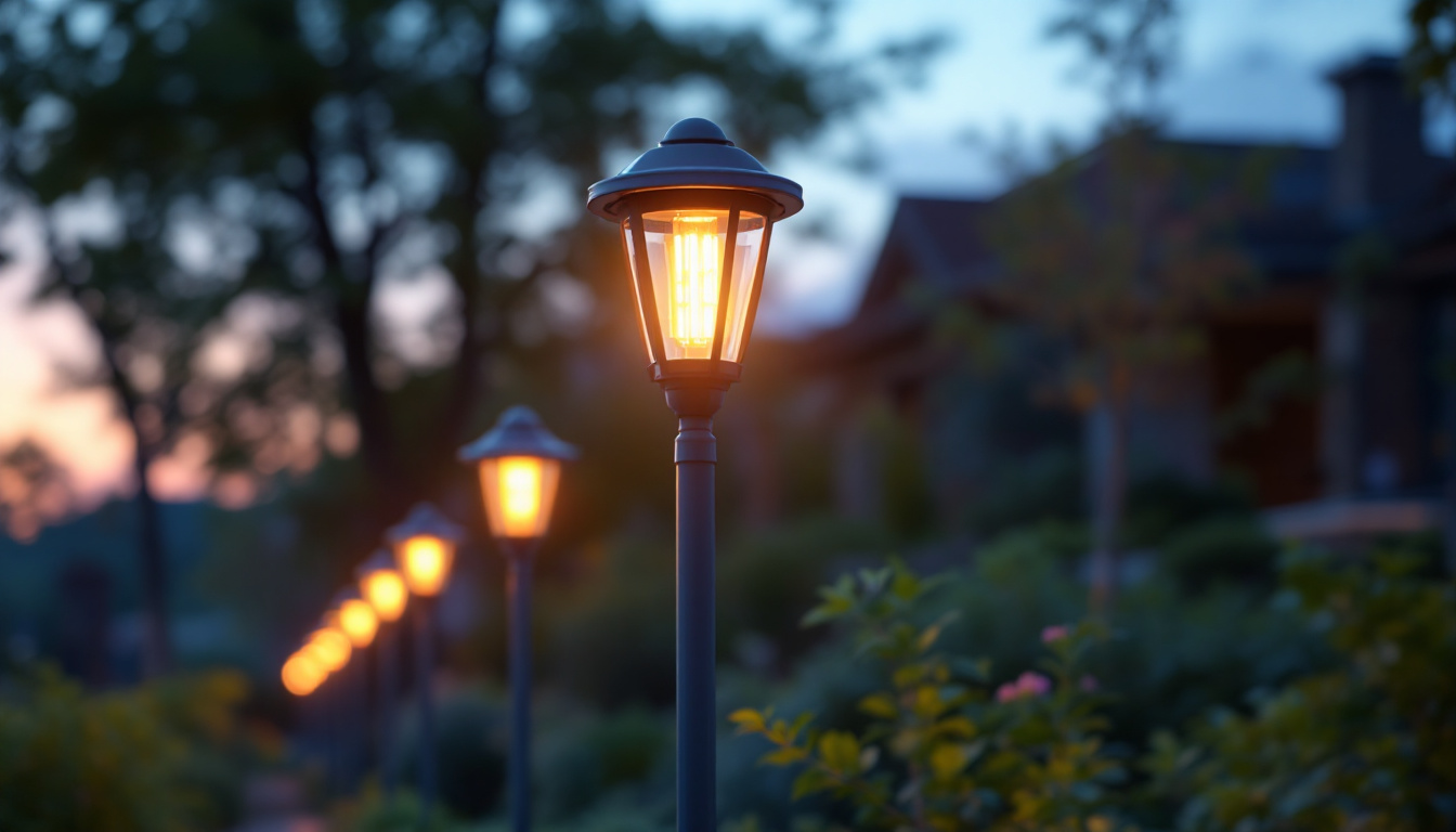 A photograph of a well-lit outdoor scene featuring a row of stylish pole lights illuminating a pathway or garden