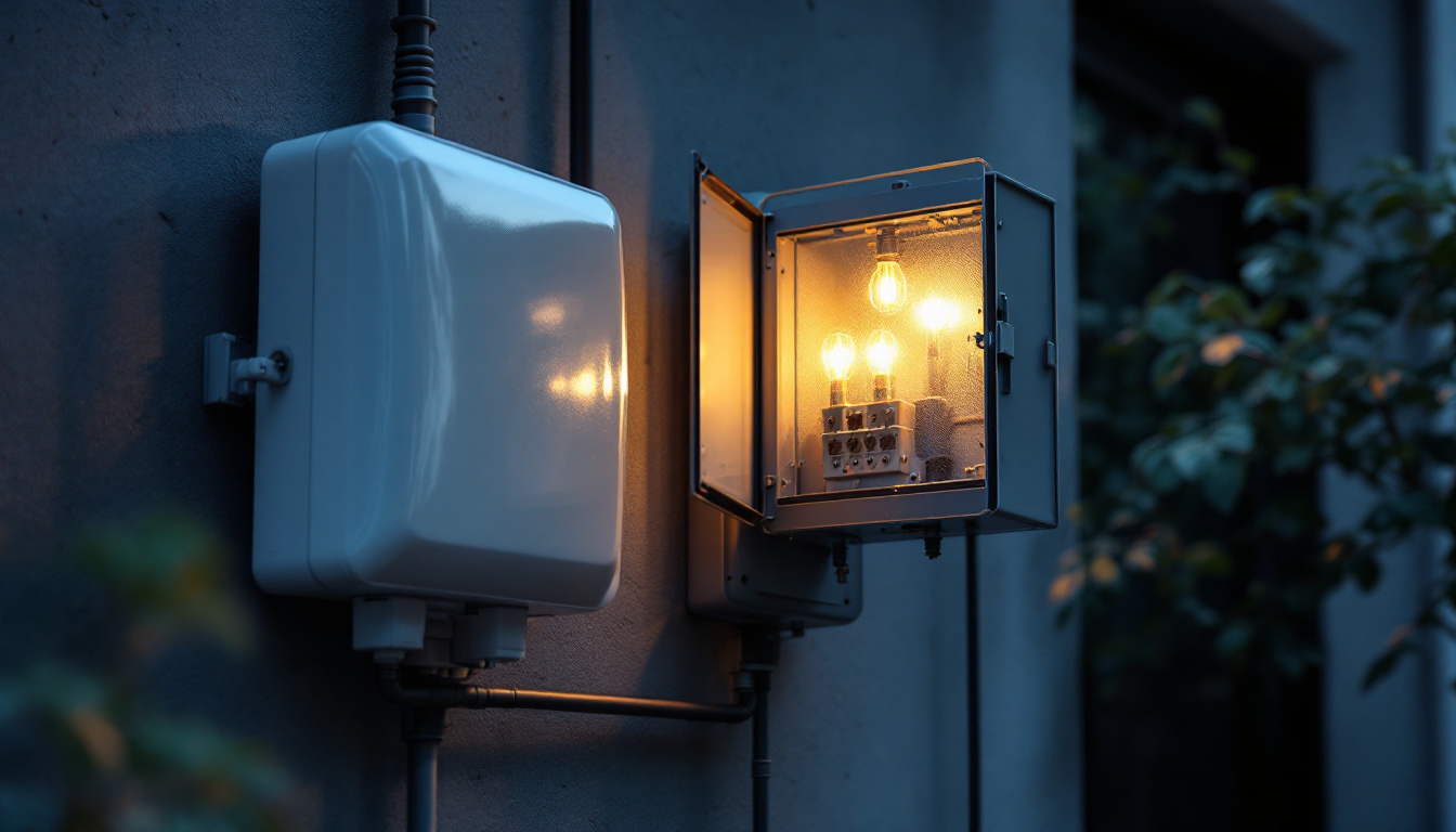 A photograph of an exterior electrical box mounted on a building
