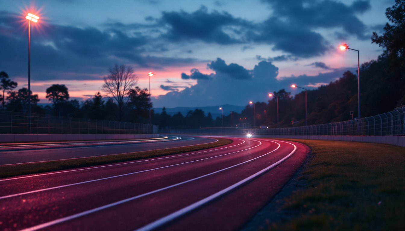 A photograph of a well-lit track scene at dusk