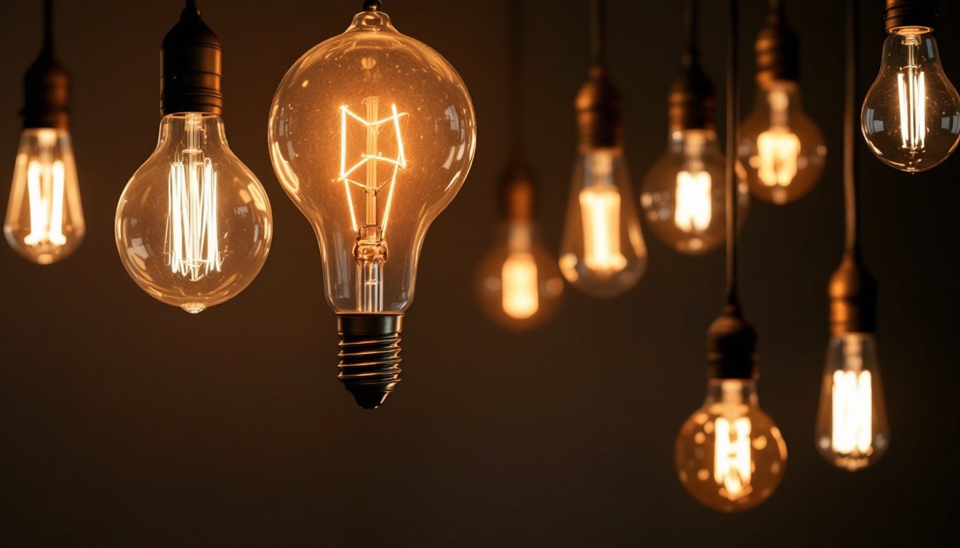 A photograph of a variety of long light bulbs in different settings