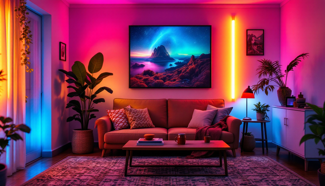 A photograph of a vibrant scene showcasing various led strip light installations in a cozy