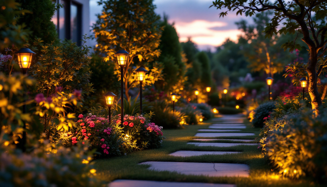 A photograph of a beautifully illuminated garden at dusk