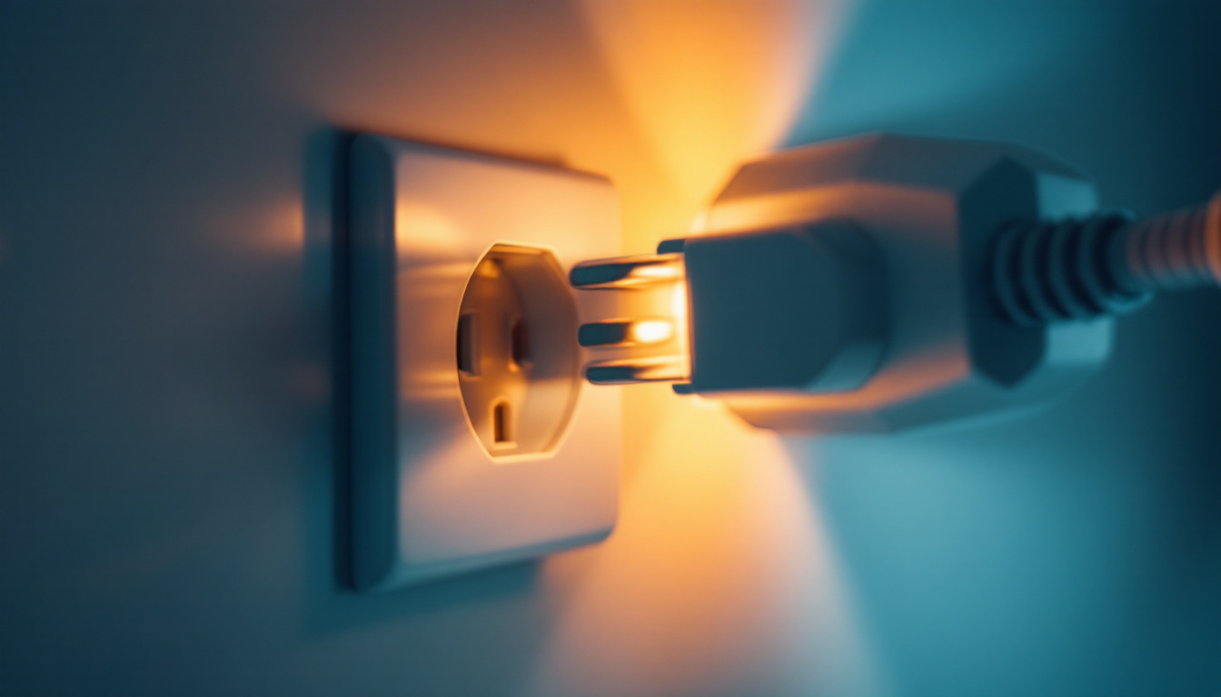A photograph of a close-up of an outlet plug being inserted into a wall socket