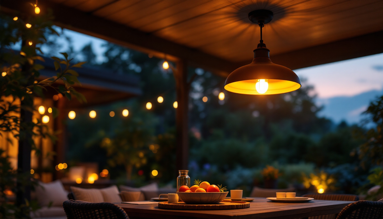 A photograph of a beautifully designed outdoor ceiling light illuminating a cozy patio or porch setting during twilight