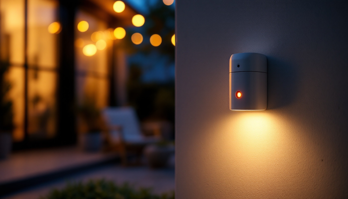 A photograph of a beautifully designed sensor light illuminating a cozy outdoor space at dusk