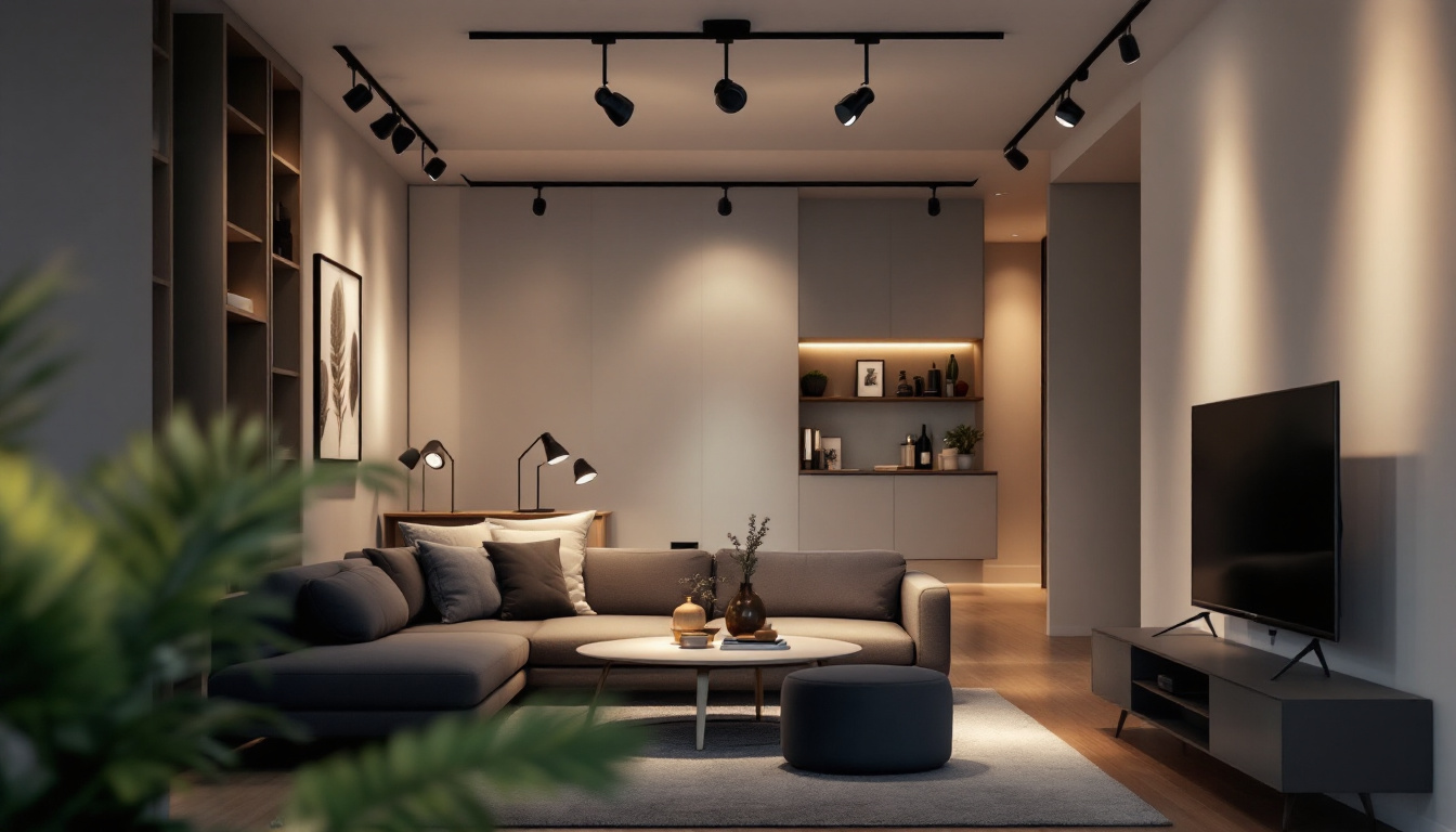 A photograph of a stylishly designed apartment interior featuring an array of modern track lighting fixtures