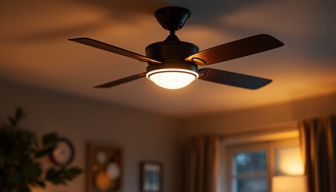 A photograph of a stylish ceiling fan with integrated lights turned on