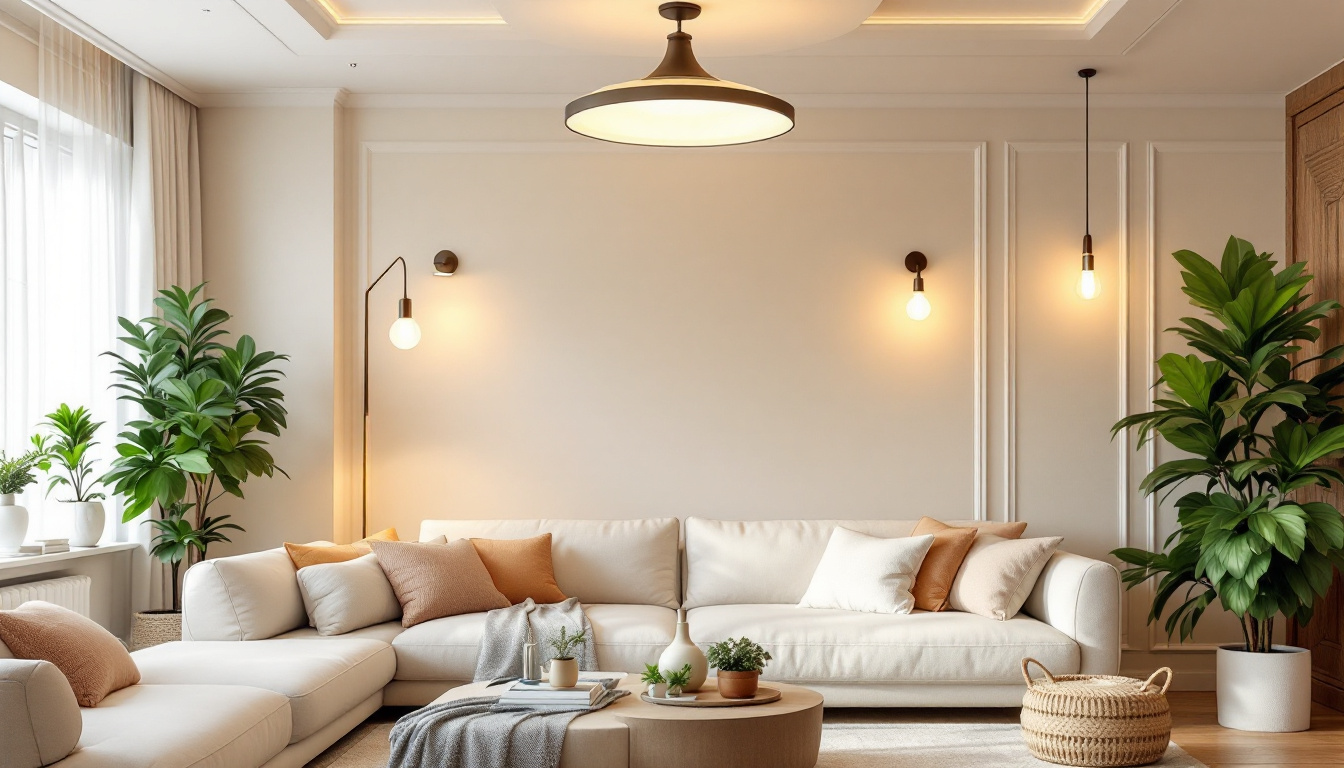 A photograph of a beautifully designed living room showcasing a variety of ceiling light fixtures