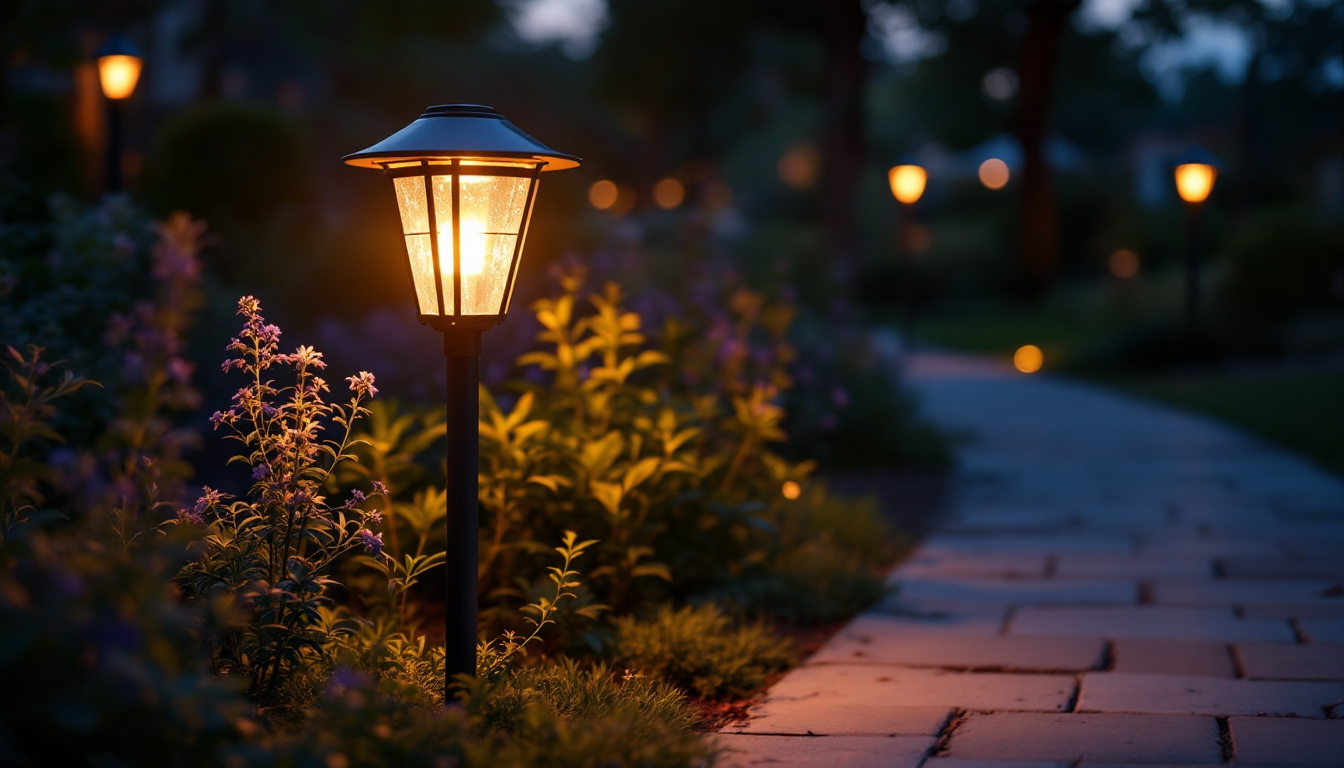 A photograph of a beautifully illuminated solar outdoor light in a serene garden setting at dusk