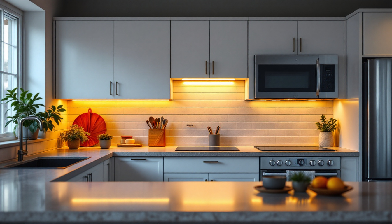A photograph of a beautifully designed kitchen showcasing warm under cabinet lighting that highlights the countertops and creates a cozy atmosphere