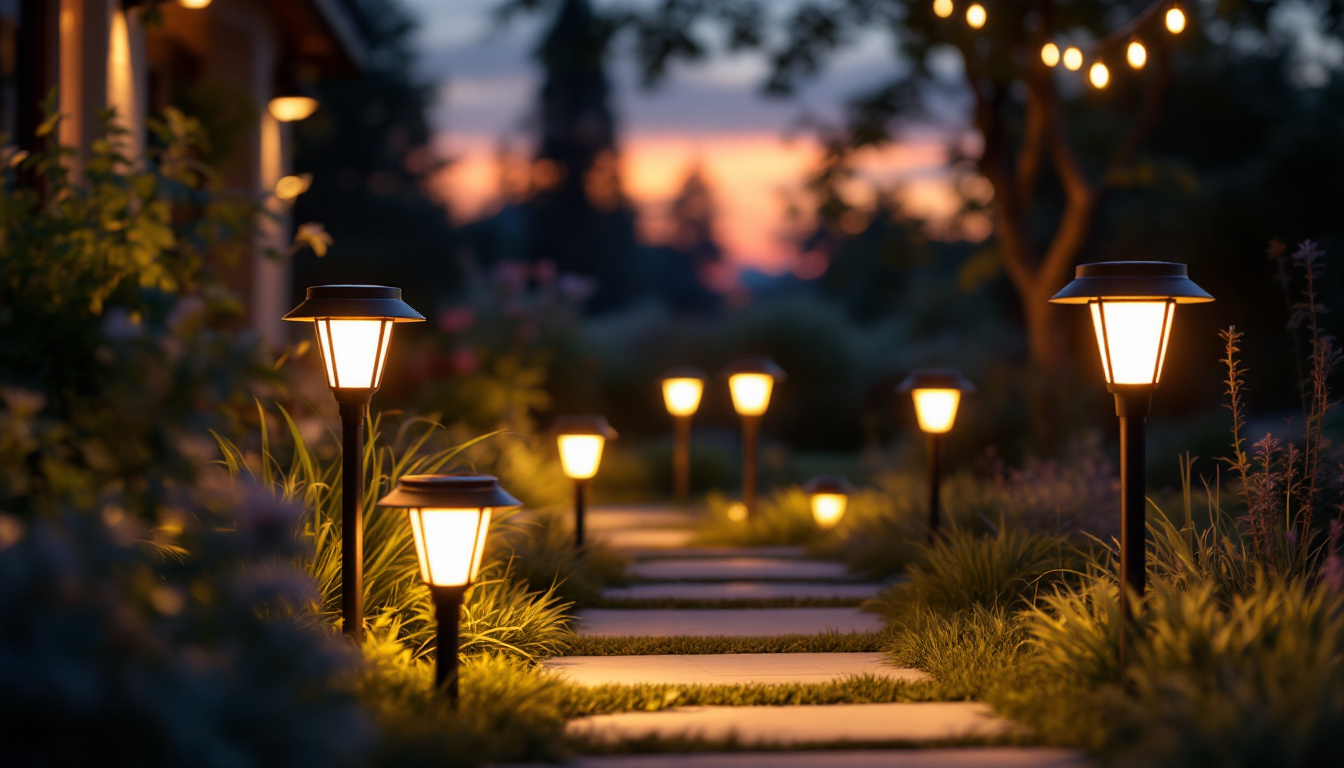 A photograph of a beautifully illuminated outdoor space featuring various styles of solar lights