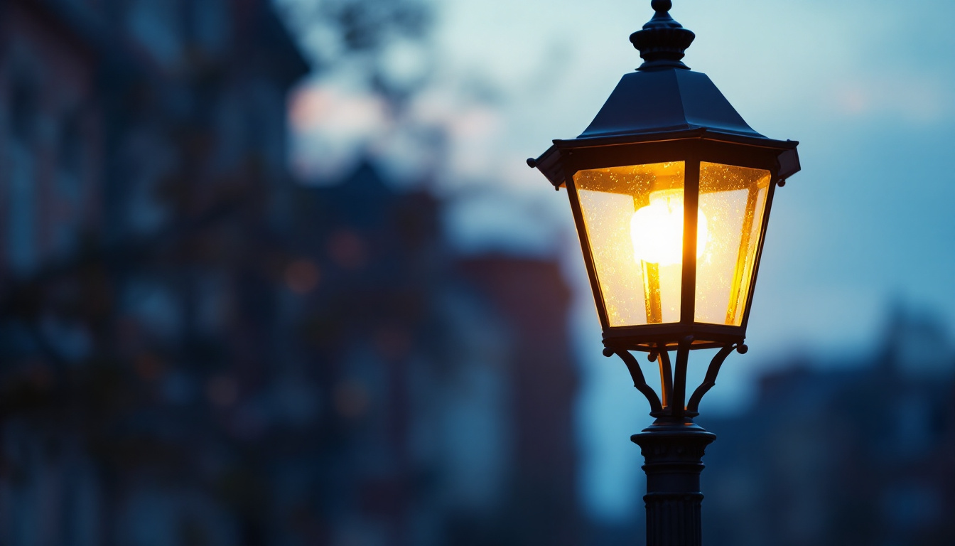 A photograph of a beautifully illuminated lamp post at dusk