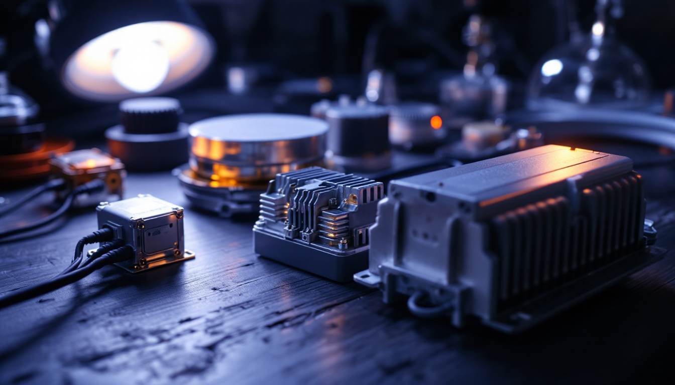 A photograph of a close-up shot of various types of electrical ballasts alongside different lighting fixtures