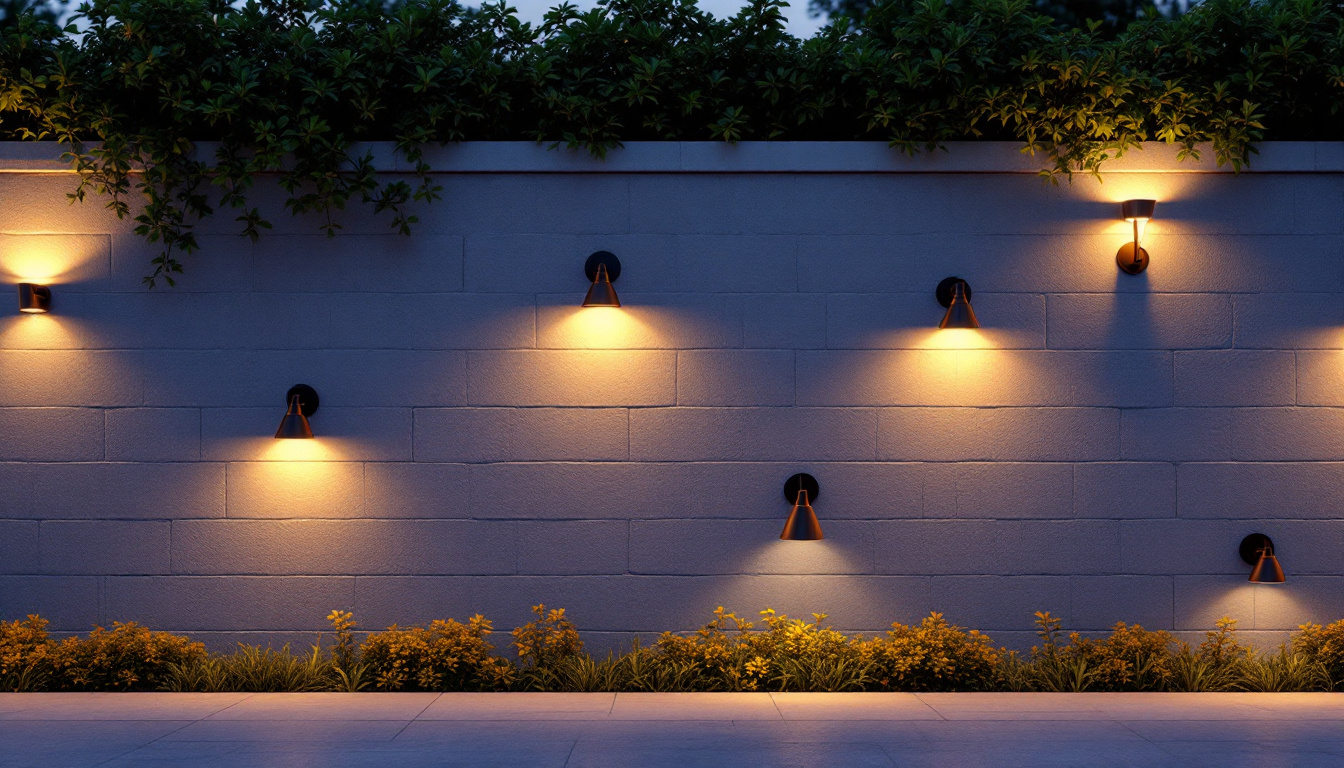 A photograph of a beautifully illuminated outdoor wall adorned with various styles of wall lights